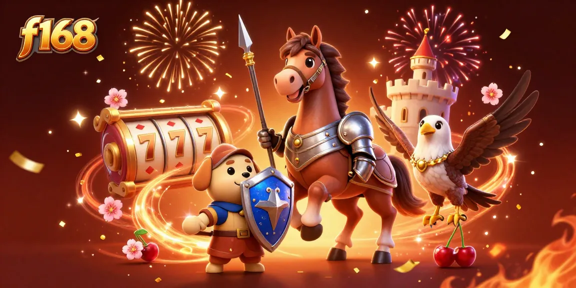 Spin the reels at f168 with a knight, puppy, and falcon surrounded by fireworks and confetti.