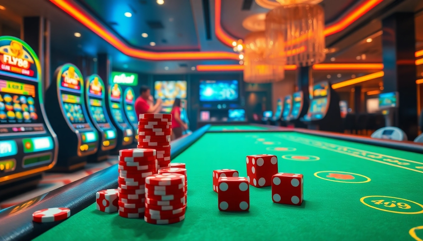 Experience the thrill of online gambling at trang chủ fly88 with vibrant casino elements and engaging visuals.