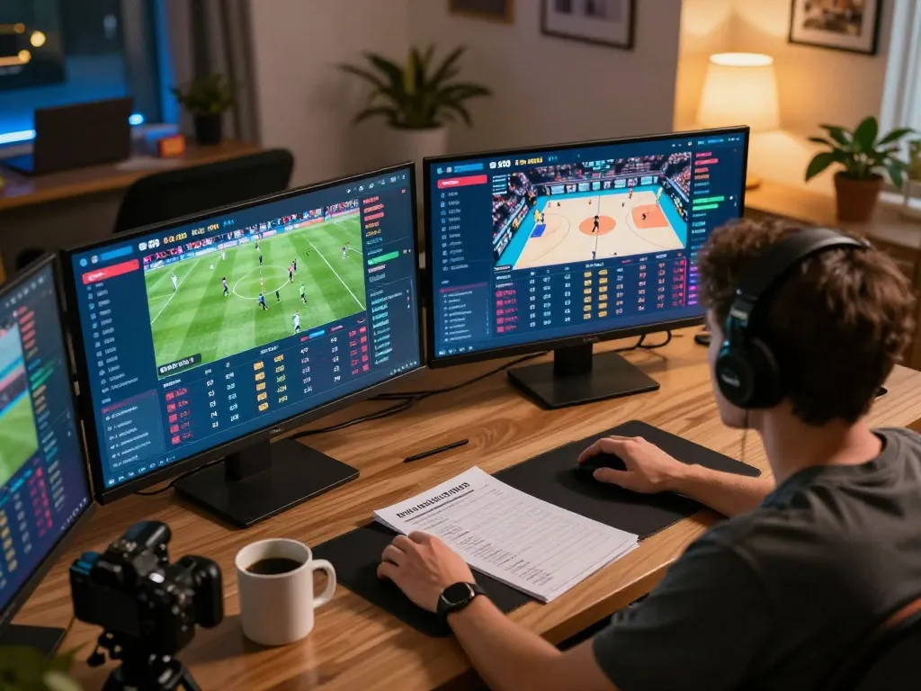 Bongdallu user engaging in online sports betting, analyzing live games and odds from a cozy home setup