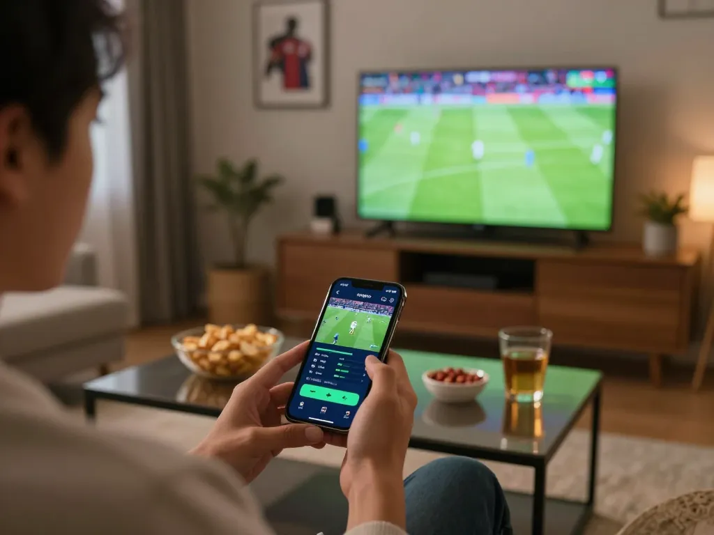 Kuwin1 user betting on sports with smartphone in cozy living room setting.