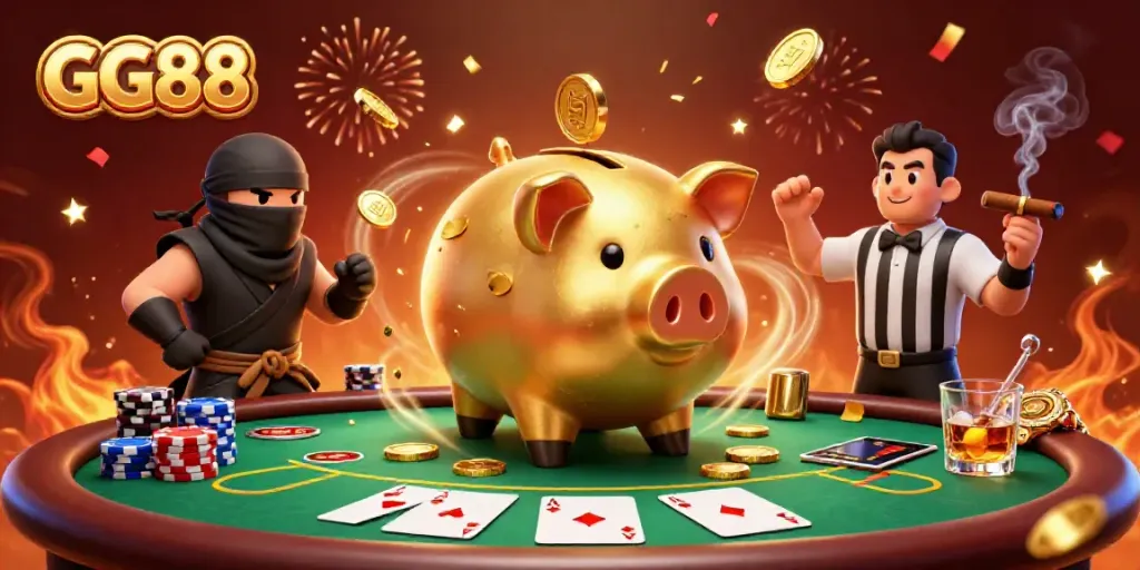 GG88 showcases a vibrant casino scene featuring a golden piggy bank wrestler, a ninja, and a samurai surrounded by poker elements.