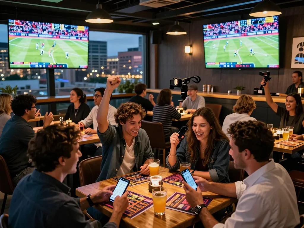 ZBET sports betting excitement in upscale bar with friends cheering and placing bets.