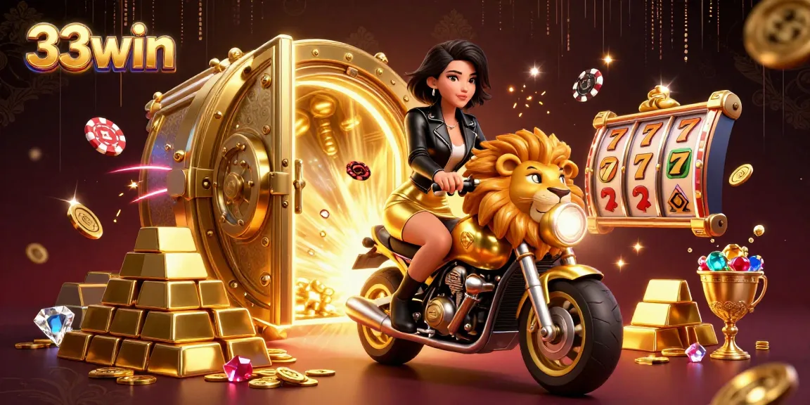Experience the excitement of 33win with a glamorous woman riding a golden lion among dazzling casino elements.