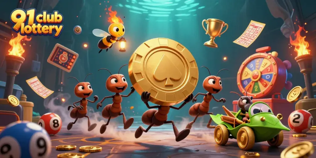 Engage with the thrilling 91 club lottery through a dynamic scene with cartoon characters and rich gaming elements.