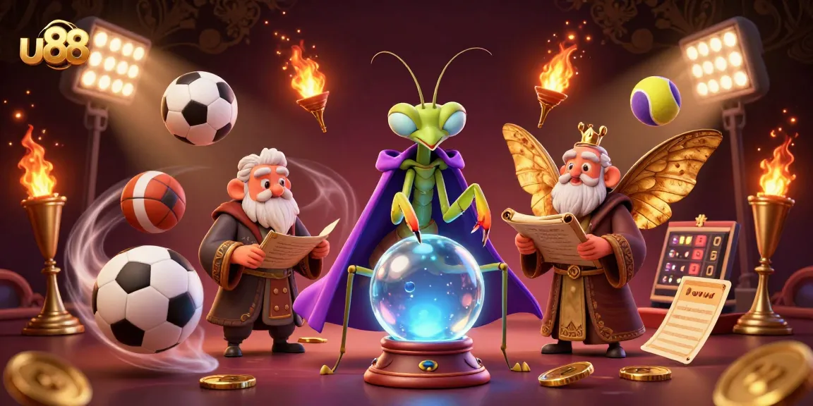 Experience thrilling wins at u88 with a vibrant, dynamic scene featuring a fortune teller, sports elements, and mystical orbs.