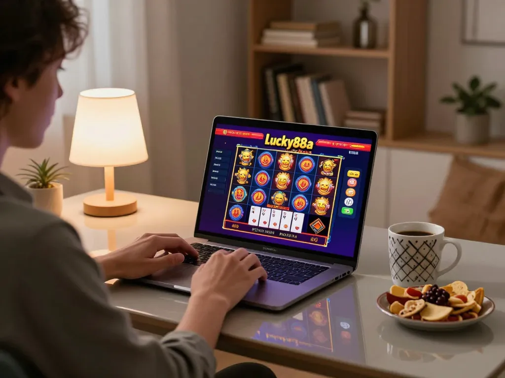 Engaged player using lucky88a platform on laptop in cozy home setting with strategic snacks.