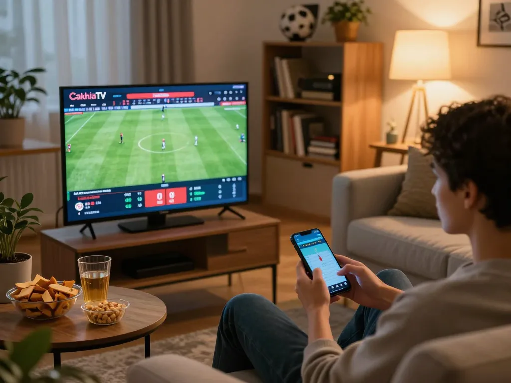 CakhiaTV user engaging in live sports betting on a mobile device, showcasing an exciting home gaming environment.