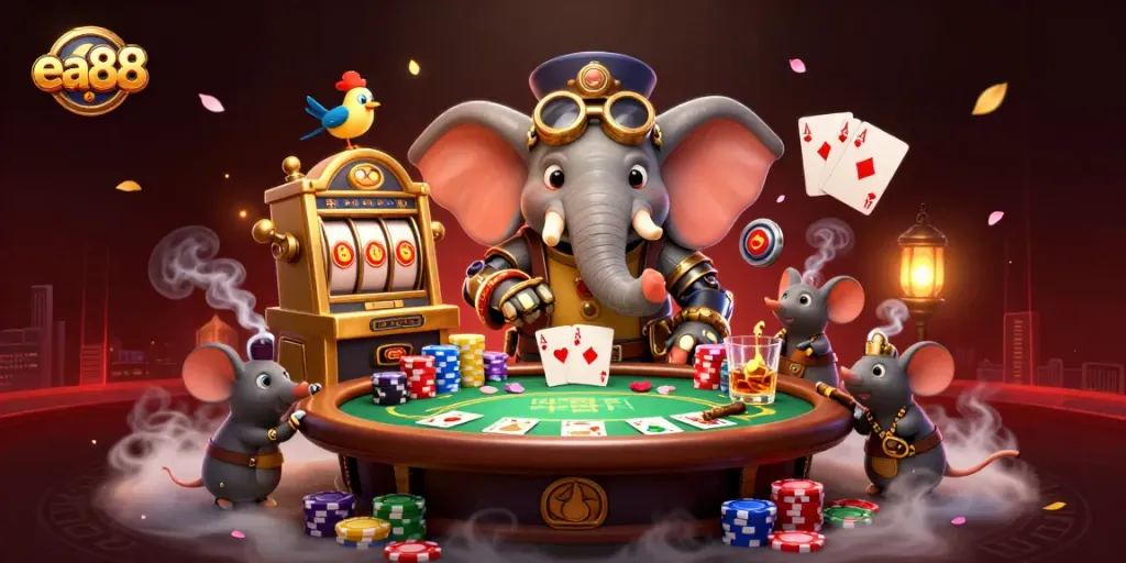 Spinning the golden slot machine at ea88, showcasing poker chips and a vibrant casino scene.