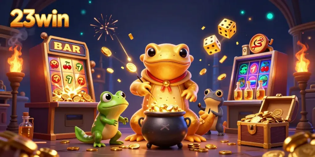 Experience the thrill of 23win as charming characters create magical gold coins in a vibrant casino scene.