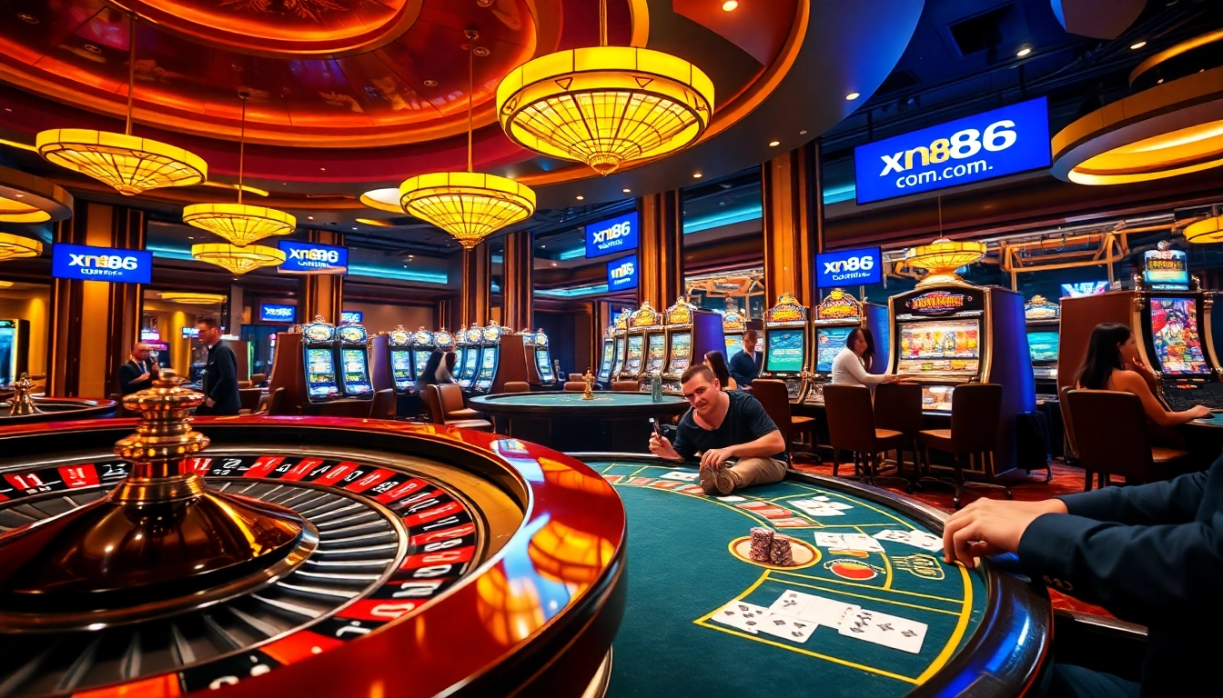Engaging casino ambiance at xn88 com with players enjoying poker and roulette games.