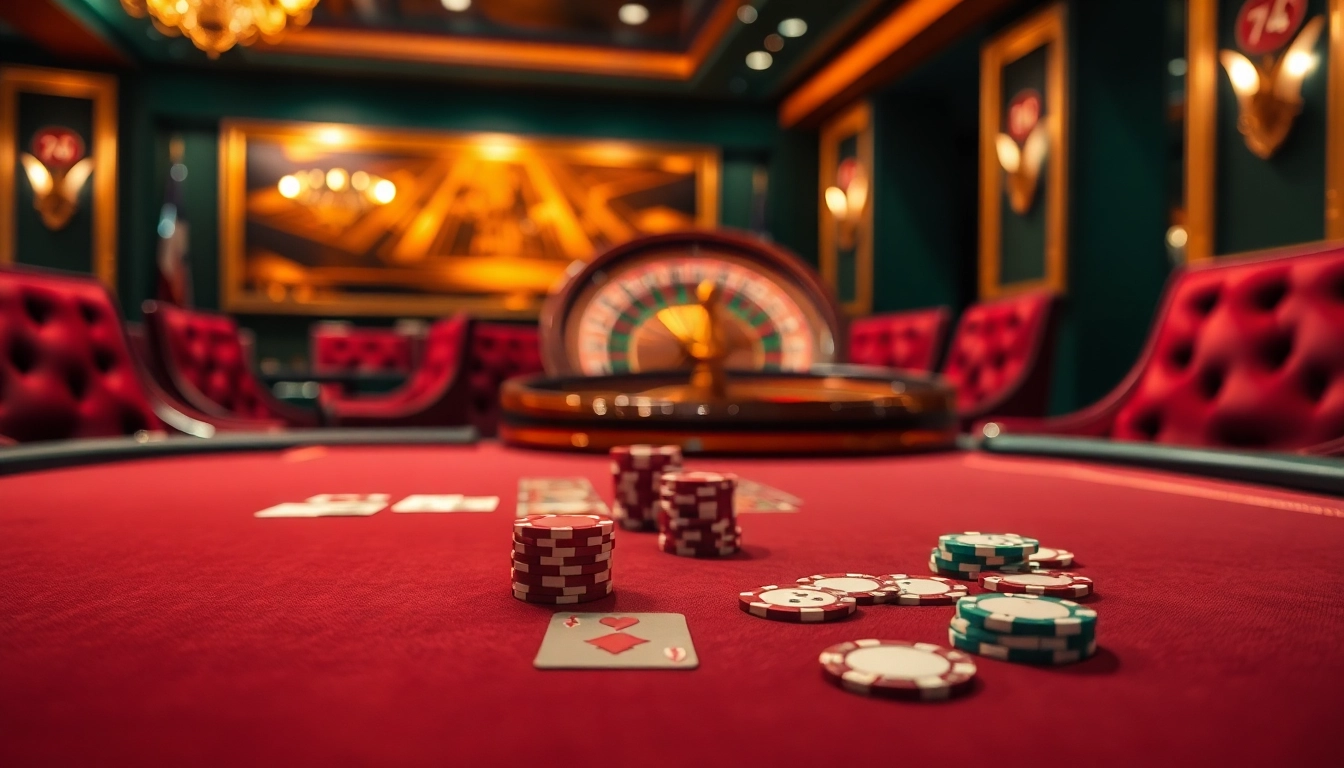 The 77ball game scene showcasing a luxurious poker table with bets and cards, highlighting thrilling casino excitement.