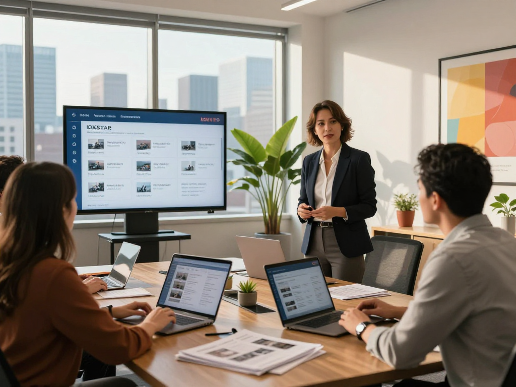 Real estate meeting highlighting IDXSTAR listings in a modern office