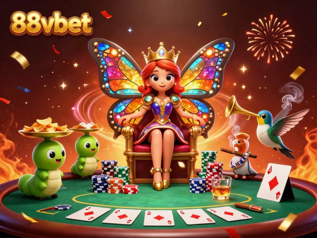 Experience the vibrant world of 88vbet with a 3D butterfly queen surrounded by a festive poker scene.