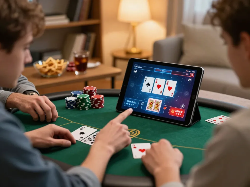 Engaged player with tablet enjoying gamebaidoithuong8 poker in cozy home setting, focused on betting screen.
