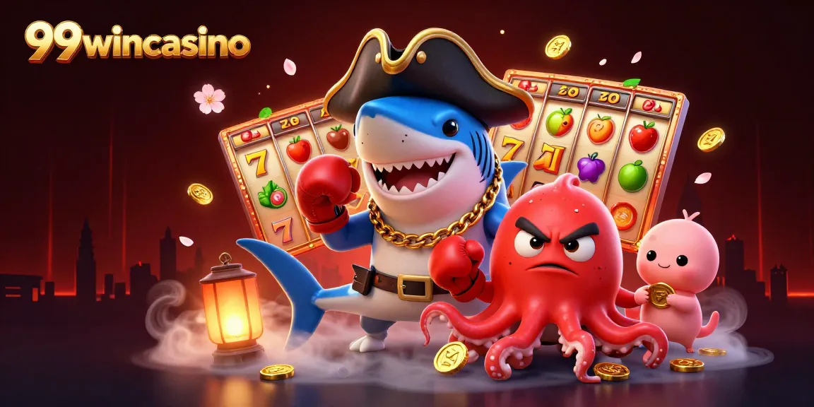 Join the fun and excitement at 99wincasino with vibrant cartoon characters enjoying slots and jackpots.