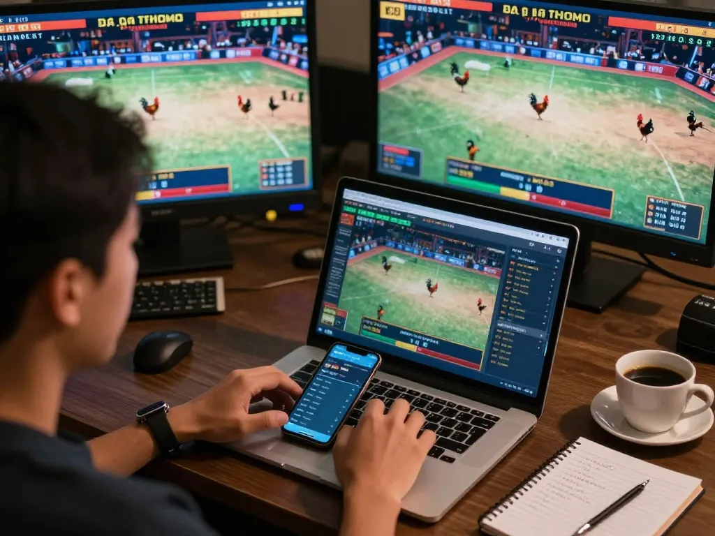 Engaged user betting on Đá gà thomo live feed, analyzing stats and strategies in a cozy home environment.