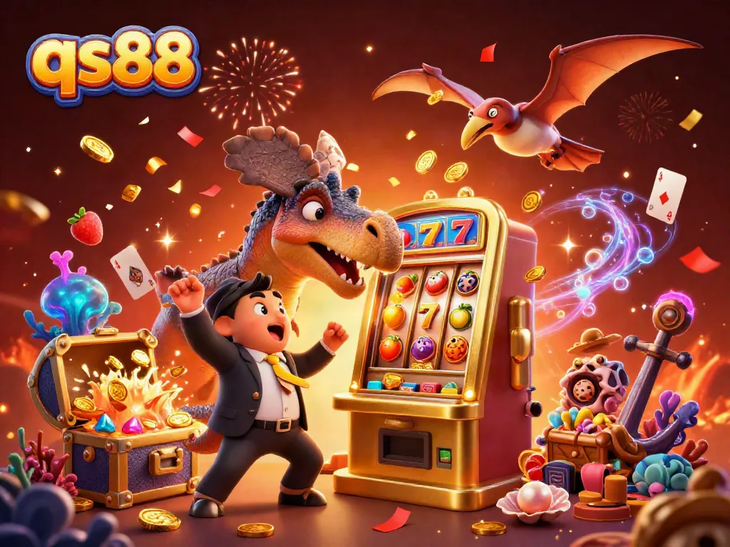 Experience excitement at qs88 with a cartoon dinosaur winning jackpots at a vibrant casino scene full of games.