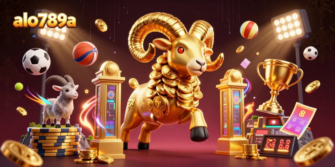 Experience excitement with alo789a, featuring a dynamic golden ram and sports elements in a virtual gambling arena.