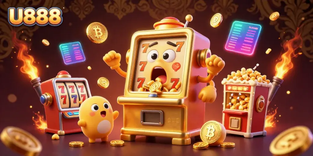 Engaging U888 slot machine hitting a jackpot surrounded by playful casino elements, showcasing vibrant energy.