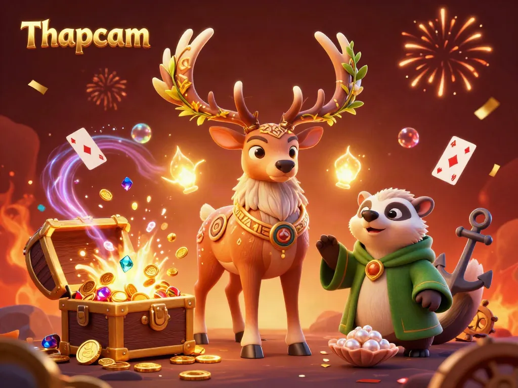 Experience Thapcam's thrilling roulette action amidst winning treasures and magical elements in this vibrant casino scene.