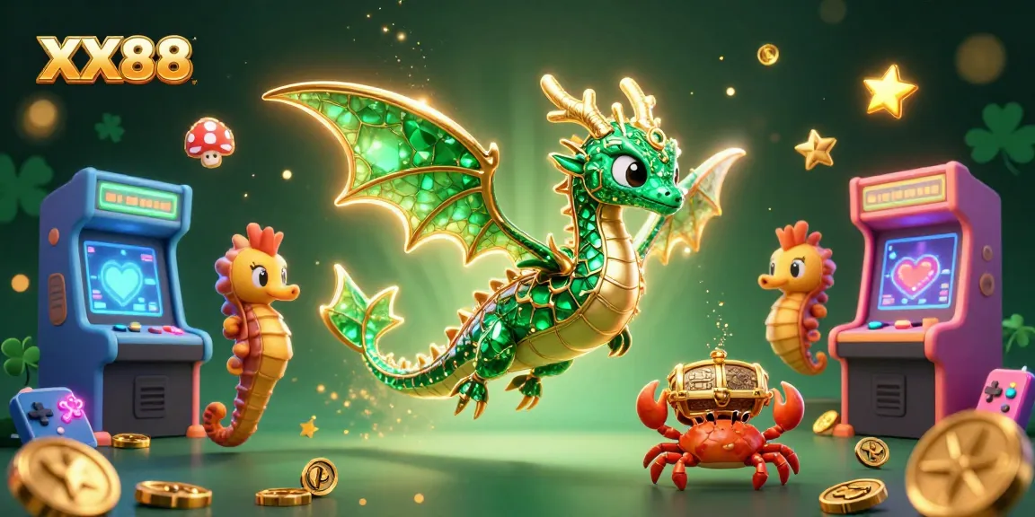 Experience the excitement of XX88 with a dynamic 3D illustration featuring a sea dragon and treasure chest.