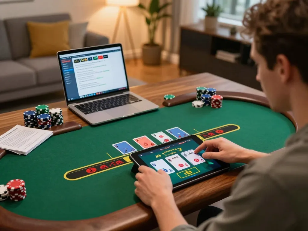 Engaged player using tablet for sc88 com live dealer blackjack in comfortable home setting
