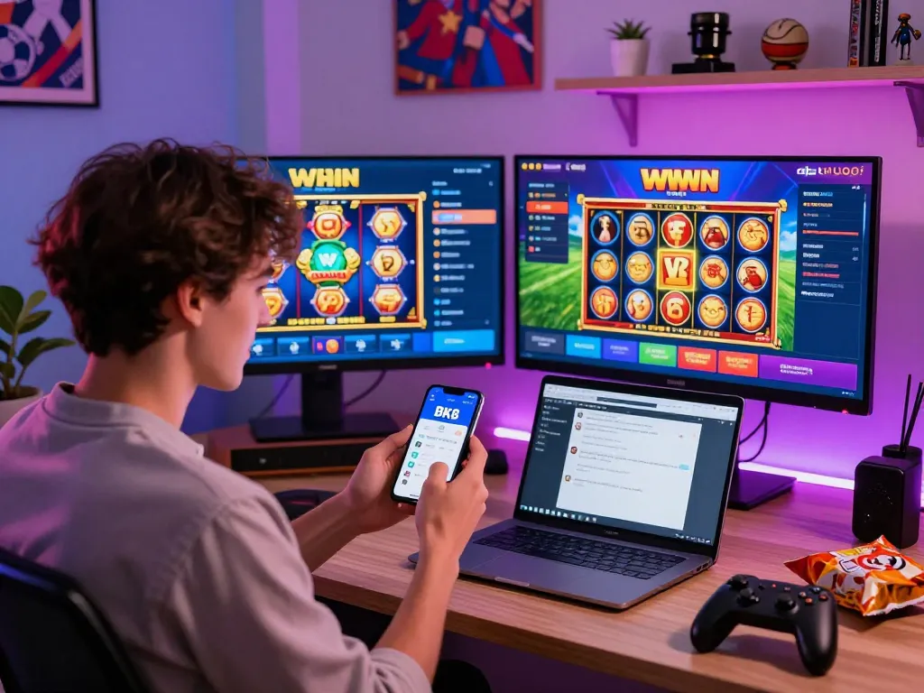 Young adult celebrating a bet win on the BK8 platform in a lively home office.