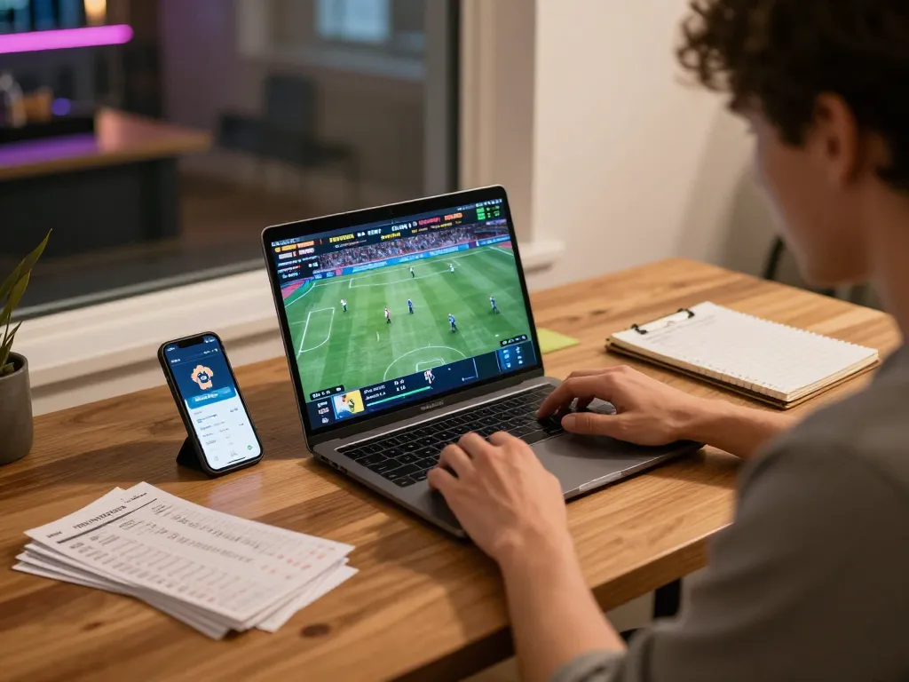 A person engaged in online sports betting using the dh88 link platform, laptop and smartphone visible