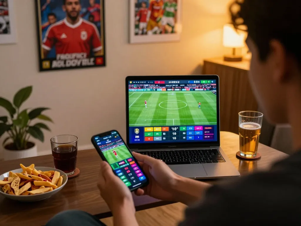 Person betting on fb88 com with smartphone while watching a live football game online.