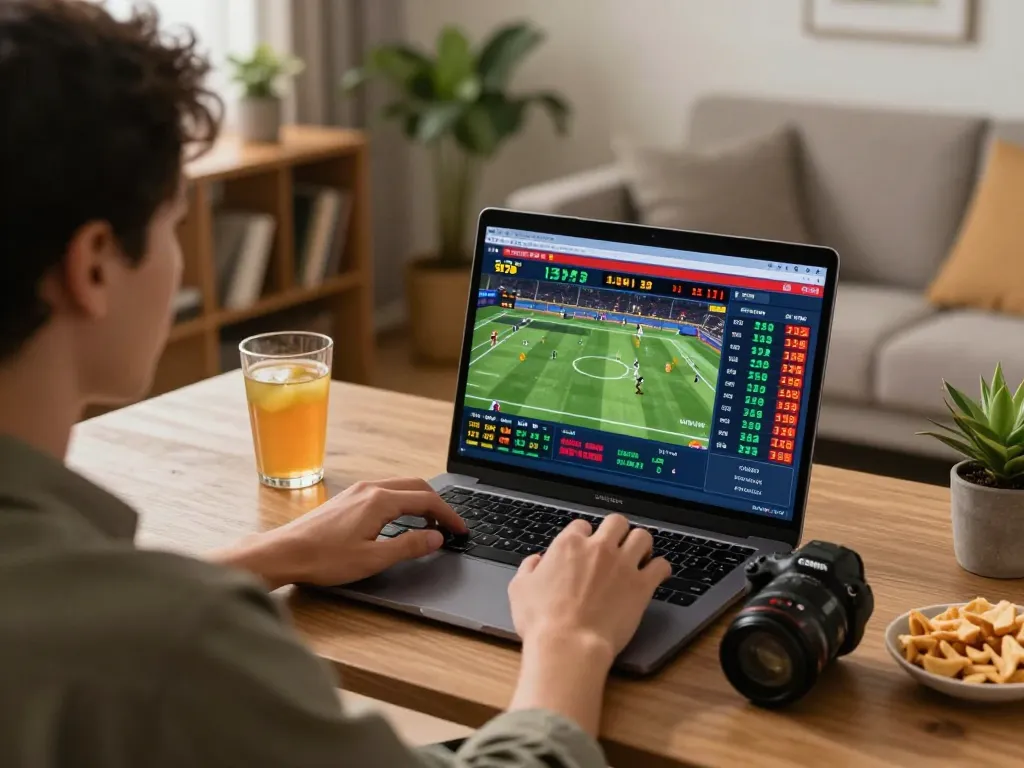 Engaged player analyzing odds on keonhacaii88 betting platform from modern living room.