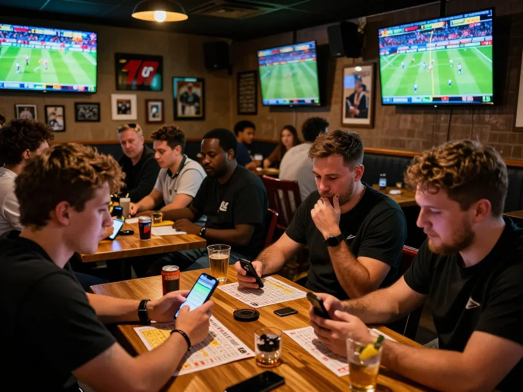 Fans actively participating in sports betting at 7mcn, celebrating bets while watching live games on multiple screens.
