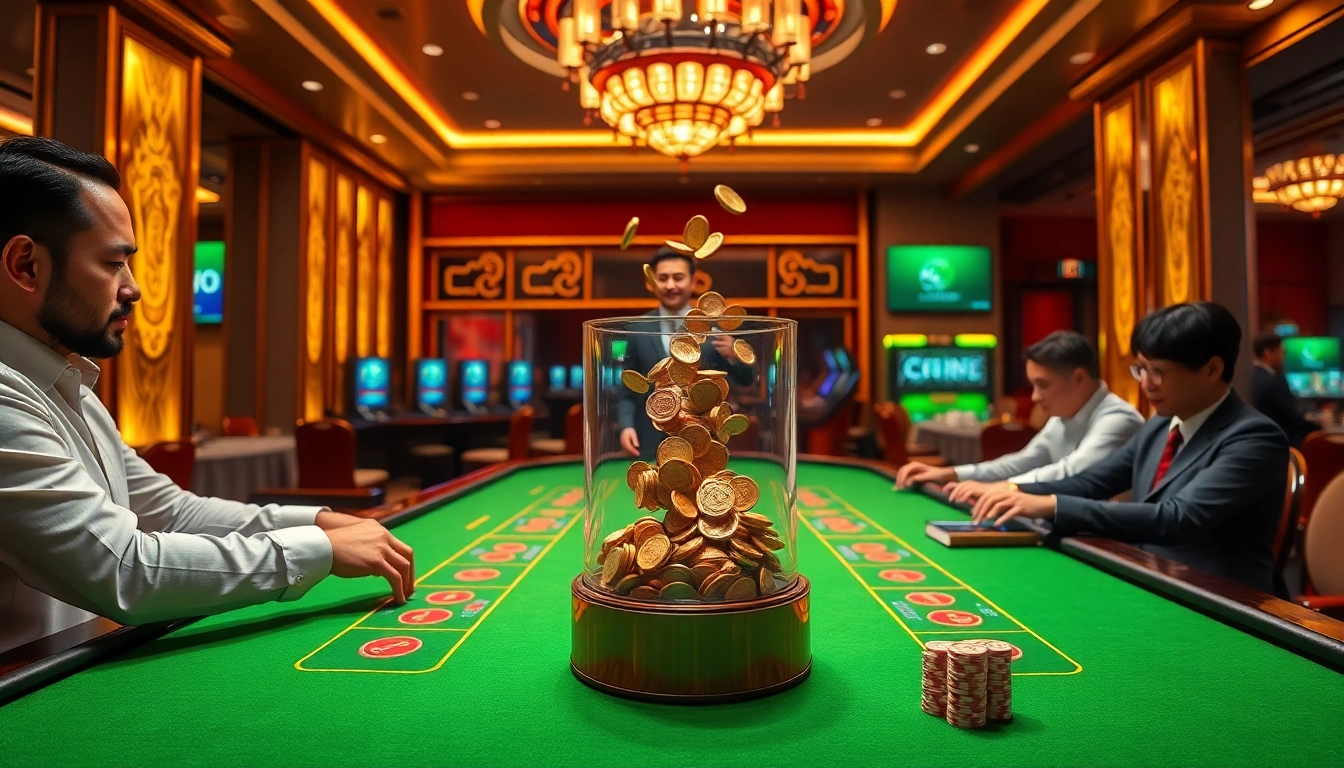 Xóc đĩa trực tiếp có người chia bài in a luxurious casino setting with engaging live dealer actions.