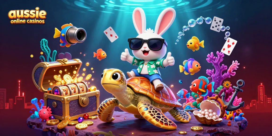 Experience excitement at aussie online casinos with a lucky rabbit on a golden turtle amid vibrant underwater treasures.
