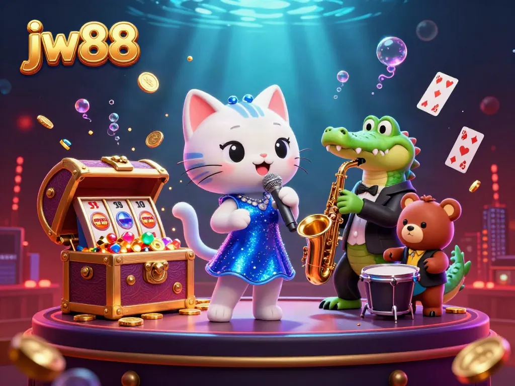 Experience thrilling jackpot wins with jw88's lively casino scene featuring musical characters.