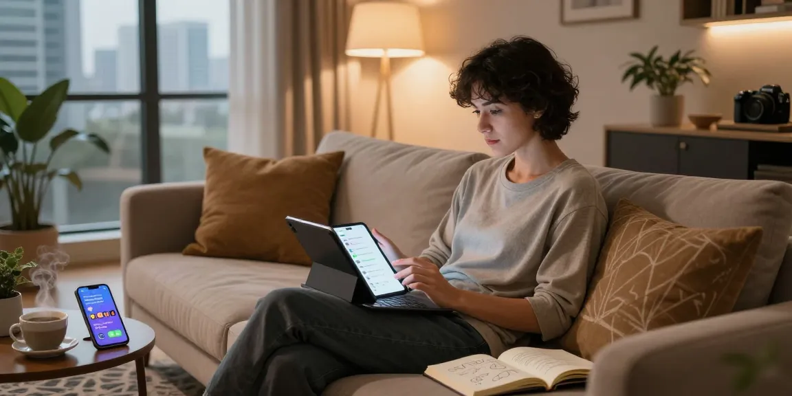 Engaging in AI chat porn on a tablet in a cozy lounge setting with warm lighting.
