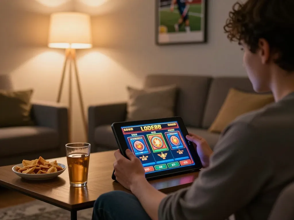 Engaged player enjoying LODE88 slots game on a tablet in a cozy living room environment.