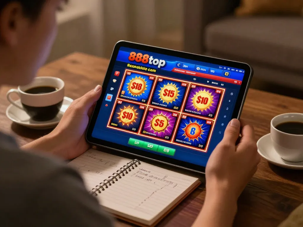 Engaging in online gaming on 888top com with tablet displaying vibrant slot machine games.