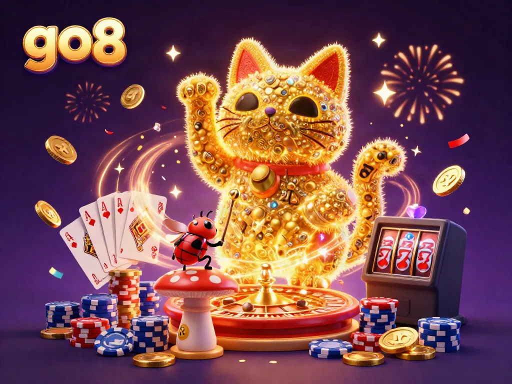 Engage in thrilling games at go8 featuring diverse casino elements and lucky symbols amidst a vibrant celebration.