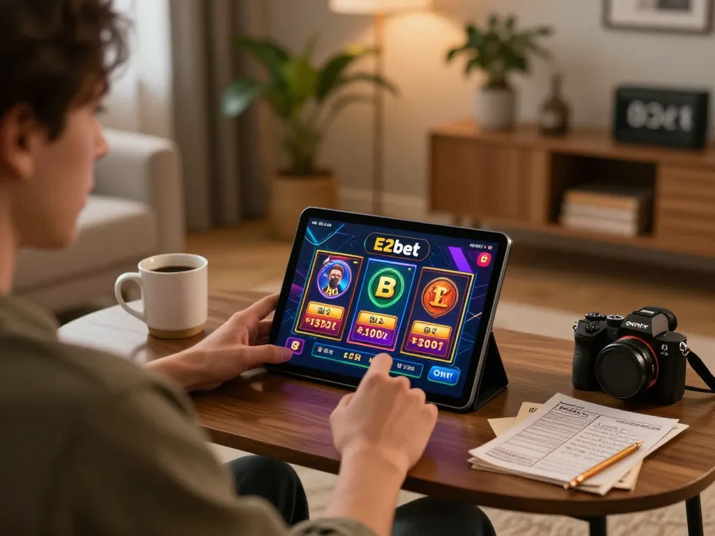 E2bet user engaging in online gambling at home, showcasing fun and strategic gameplay.