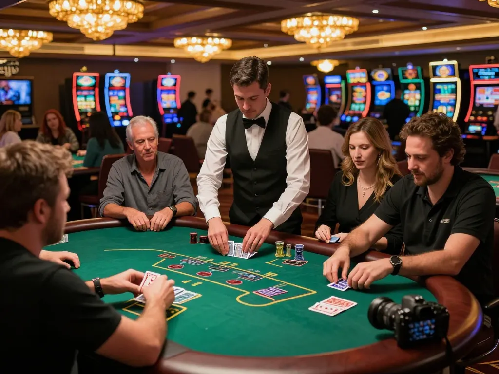 Engaged players at abc8go blackjack tables, dynamic gameplay with dealer shuffling cards.