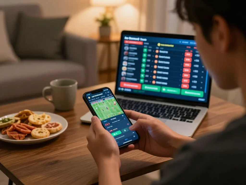 Engaged user placing bets on keonhacai5 through a smartphone while monitoring live sports events.