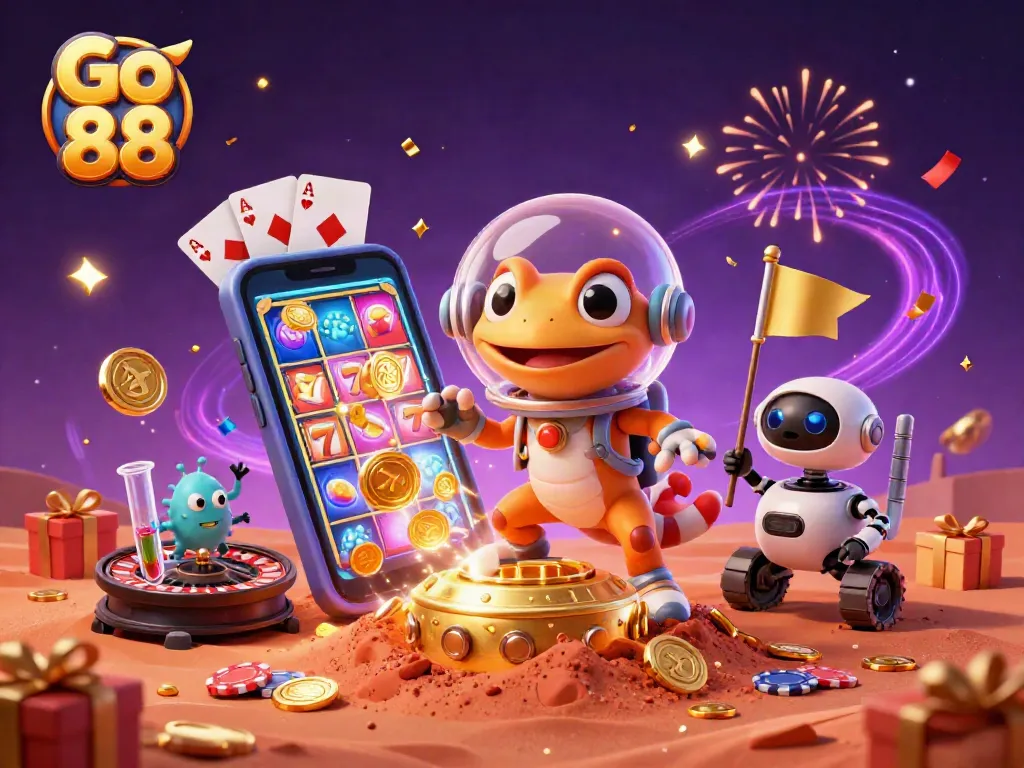 Engage with Go 88 in an exciting Martian casino adventure filled with vibrant slot games and winning symbols.