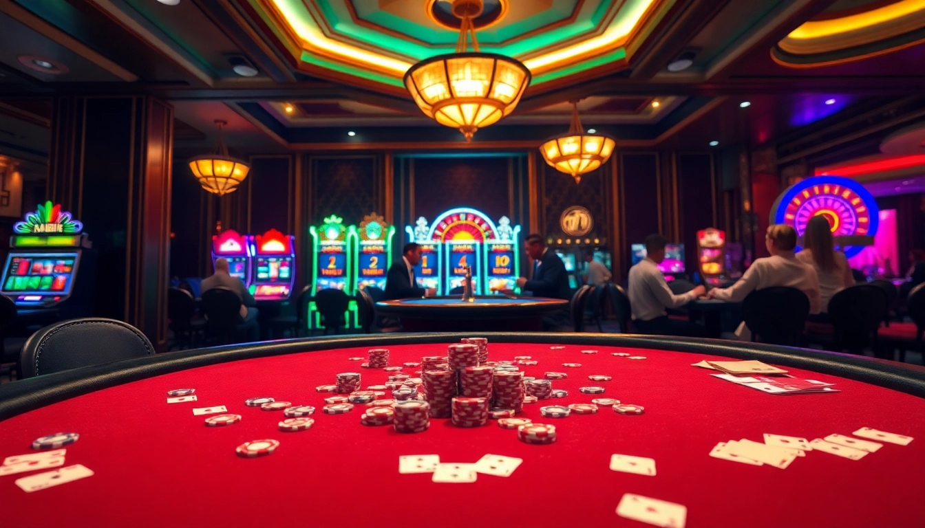 Experience the thrill of high-stakes gaming at mm 88 casino with luxurious poker tables and vibrant slot machines.