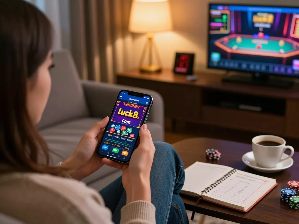 Playing exciting games on luck8. com app, showcasing vibrant online gambling atmosphere with a smartphone.