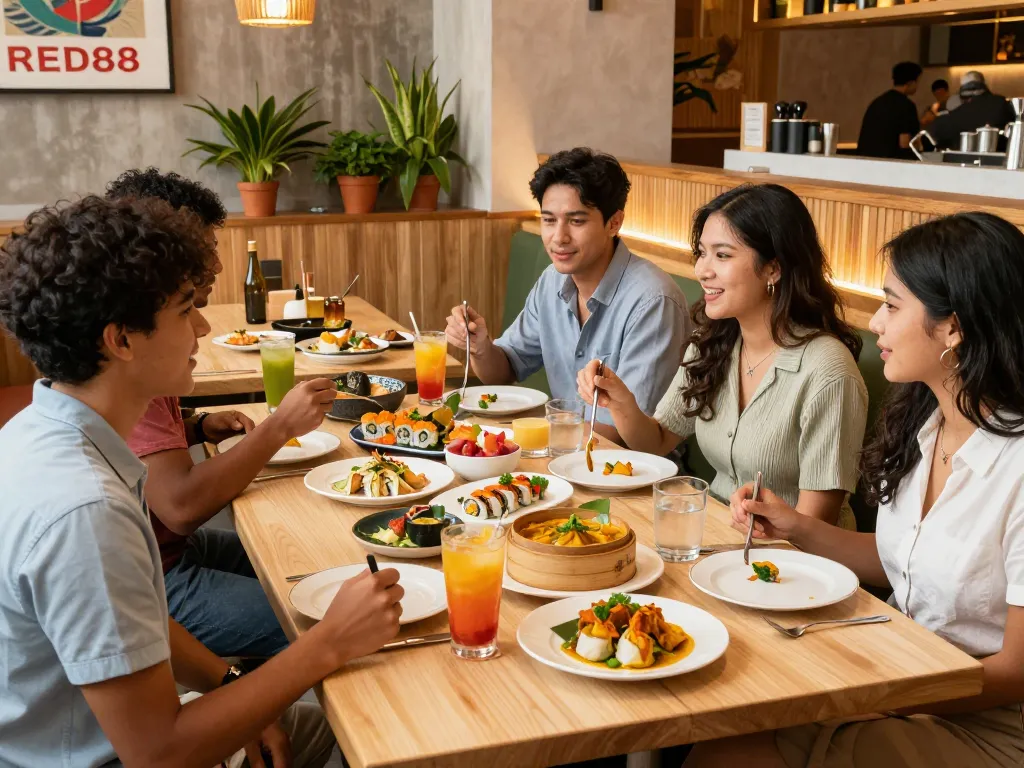 Friends dining at RED88 Asian bistro enjoying colorful dishes and cocktails in a vibrant atmosphere.