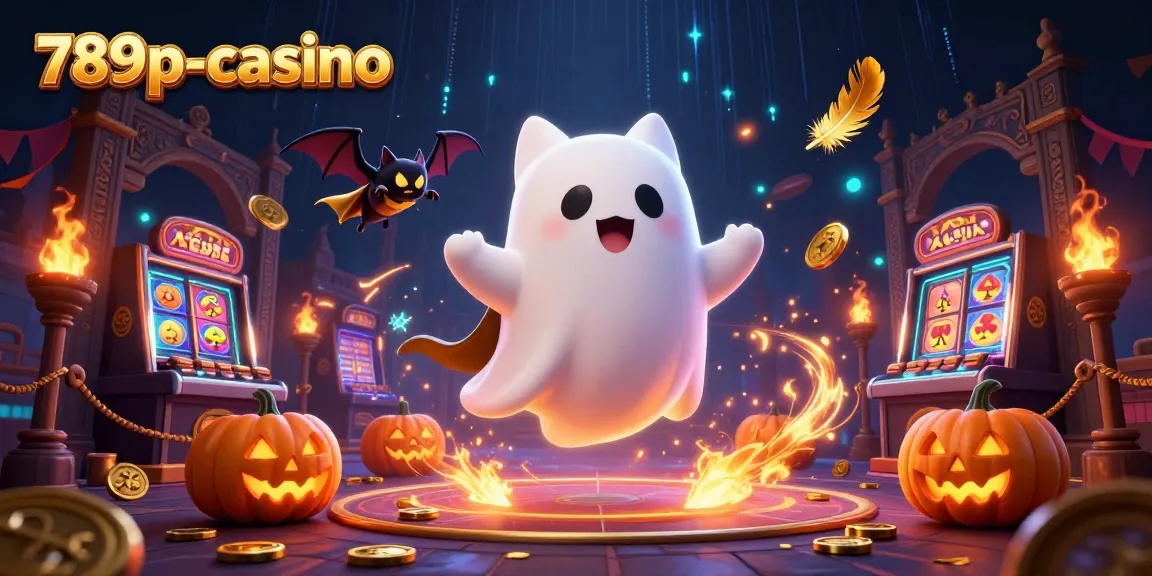 Experience thrilling games at 789p-casino with vibrant jack-o-lanterns and a friendly ghost cat.