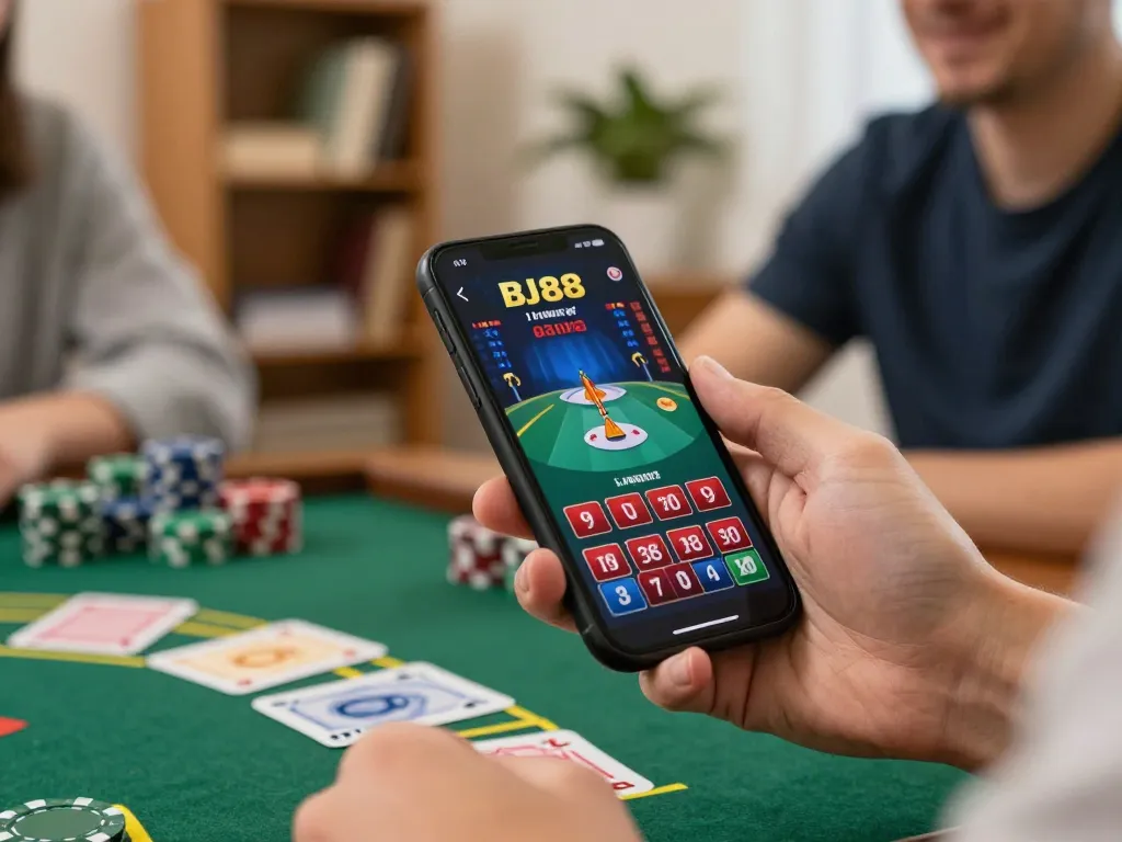 Player enjoying BJ88 blackjack game on smartphone at home, engaging in strategic gambling moment