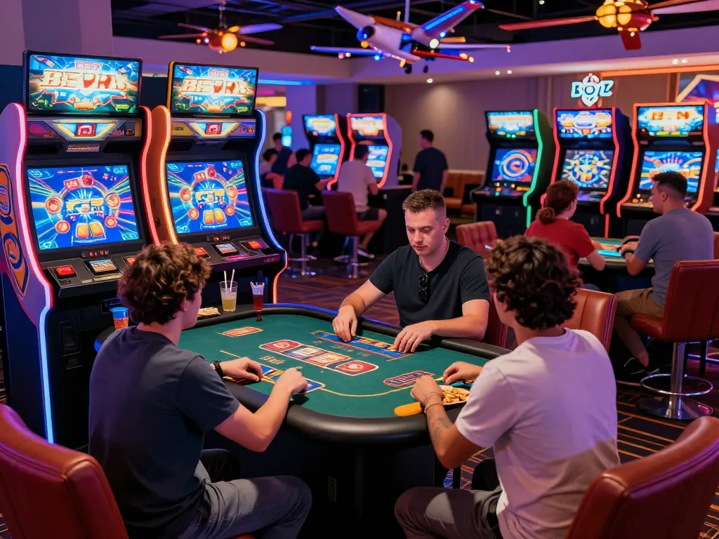 B52 gaming lounge filled with players enjoying various games and vibrant 3D arcade experiences.