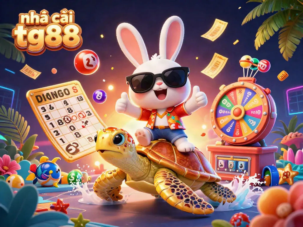 Engage with Nhà cái tg88, featuring a cartoon rabbit and a golden turtle in a vibrant casino scene.