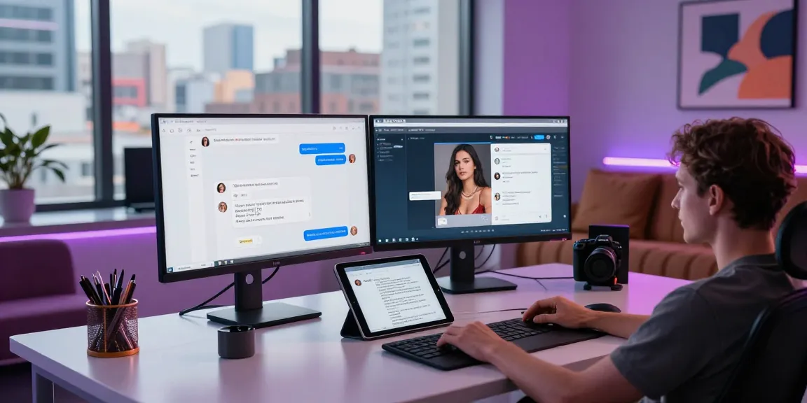 Engaging free ai sex chat setup with dual monitors, tablet, and ambient lighting.